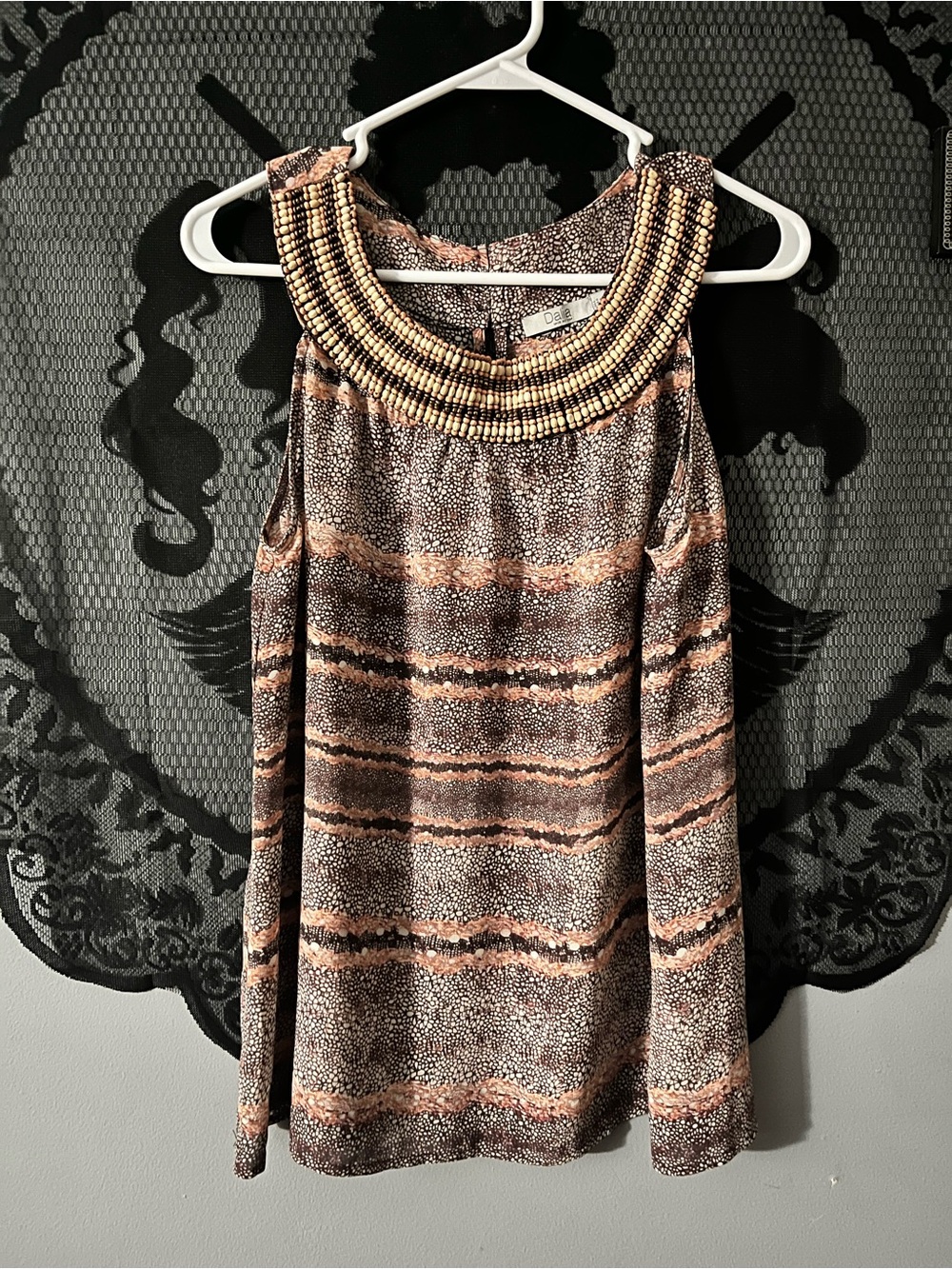 Dalia Brown, Cream & Tan Beaded Collar Sleeveless Top